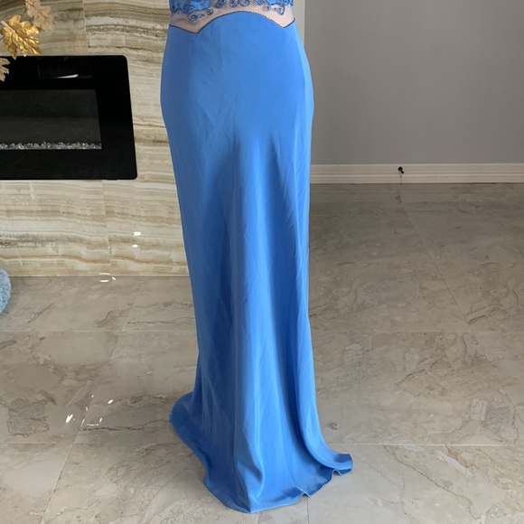 Gilar Evening Long Blue Beaded Criss Cross Spaghetti Back Strap Dress. Size 6 - Picture 4 of 17